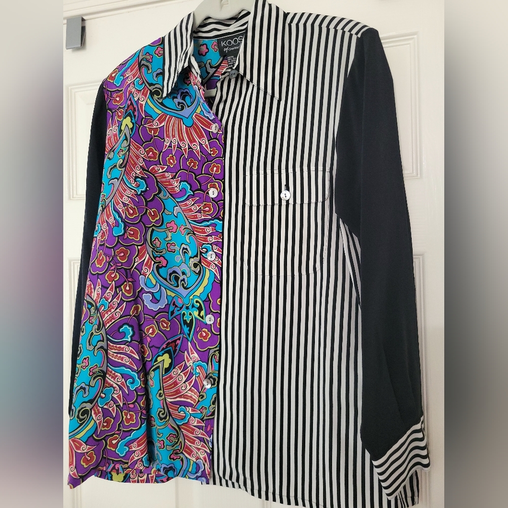Koos of Course Womens VintageSilk 90's Boho Striped FloralLong Sleeve Buttondown